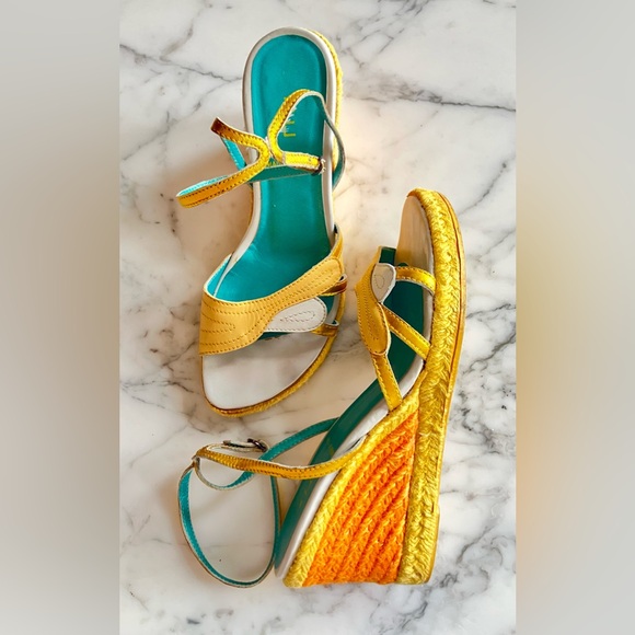 VTG E Made In Italy Colorblock Wedge Espadrilles Sz 37 Cream/Orange/Yellow/Gold - Picture 3 of 16